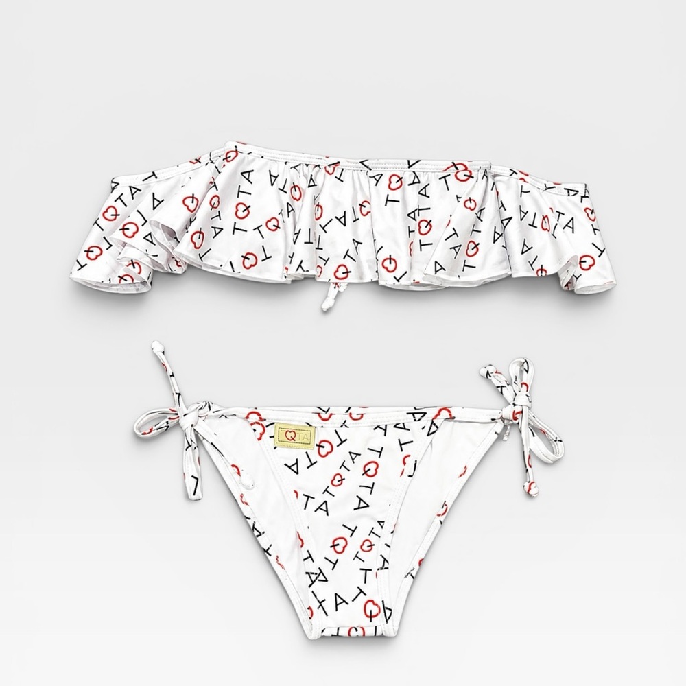 White Logo Print Ruffle Bikini Set - Kids Matching Sets